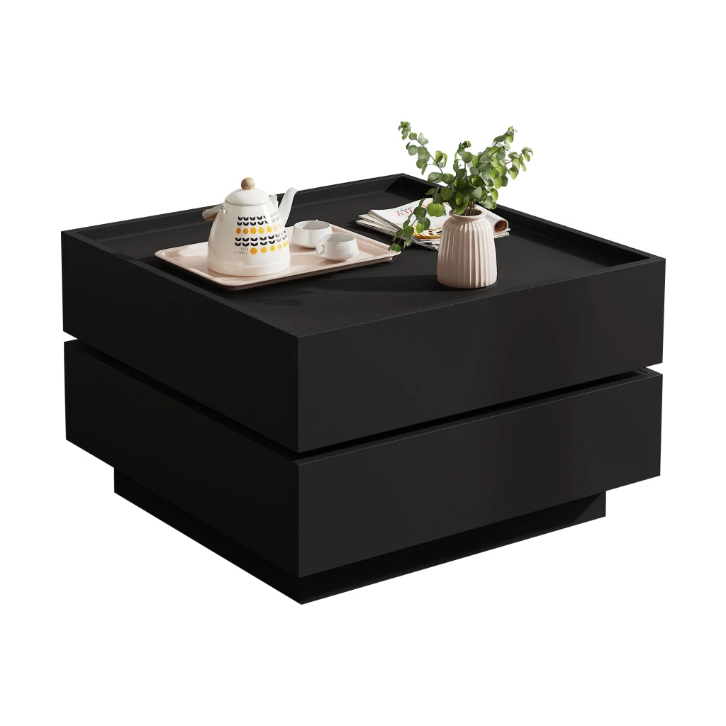 TAVOLINO DA CAFFÈ Girevole 360° 60x60x38 cm Nero con 2 Cassetti