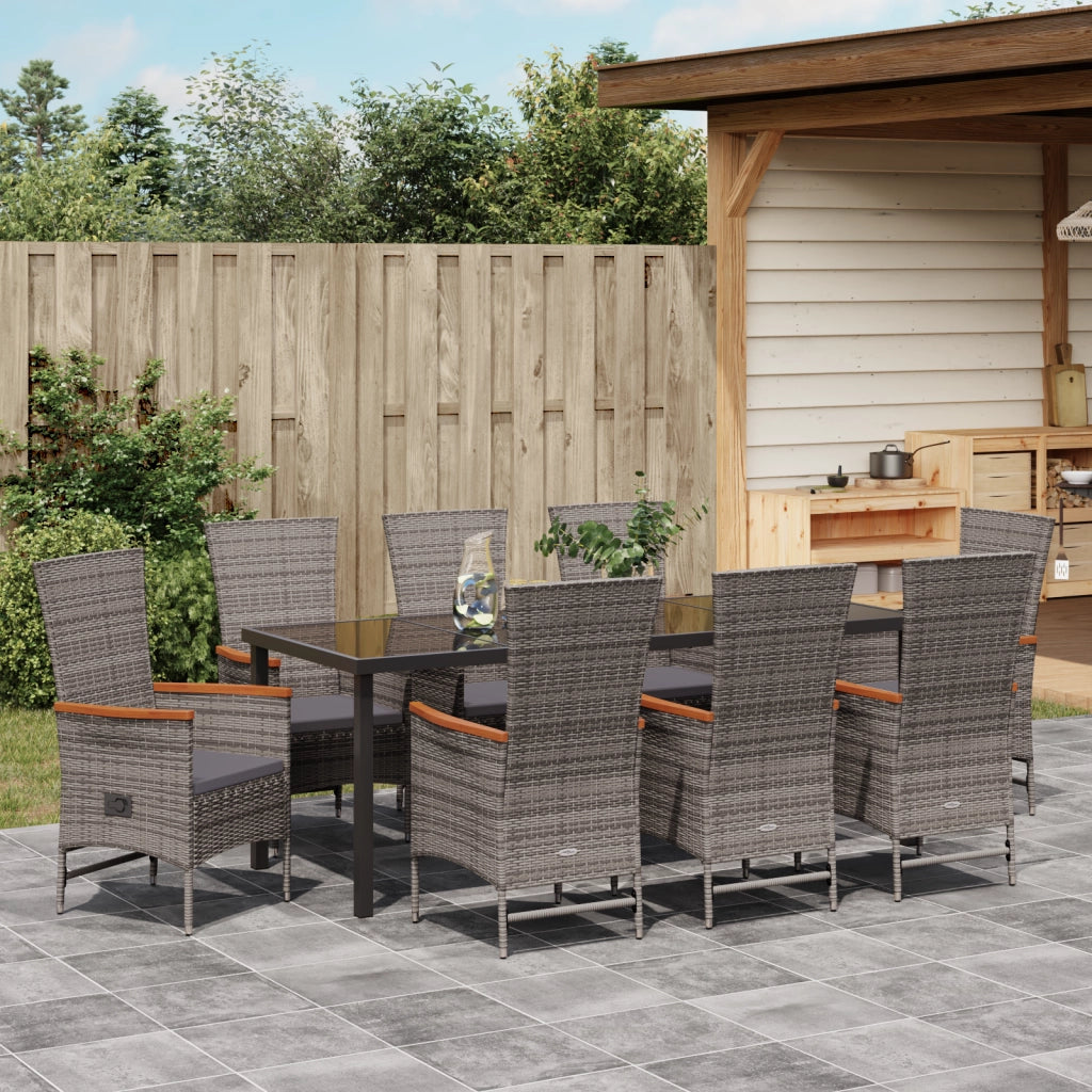 Set da Pranzo da Giardino 9 Posti con Cuscini Grigio Rattan Poliestere