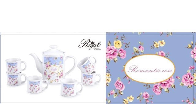 Set 7 Pezzi Tazze Caffe' Caffettiera in Ceramica Decoro Romantic Rose