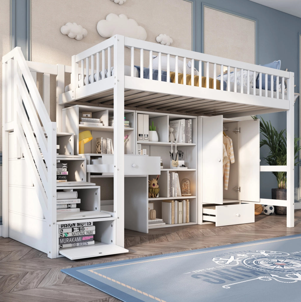 Letto per bambini multifunzionale 90x200 cm bianco in legno massiccio e MDF; con scrivania e vani contenitori