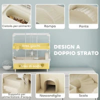 Gabbia per Criceti a 2 Livelli e 3 Porte con Ruota e Tubi, in Acciaio, PS e PP, 44.5x28x44 cm, Crema e Bianco