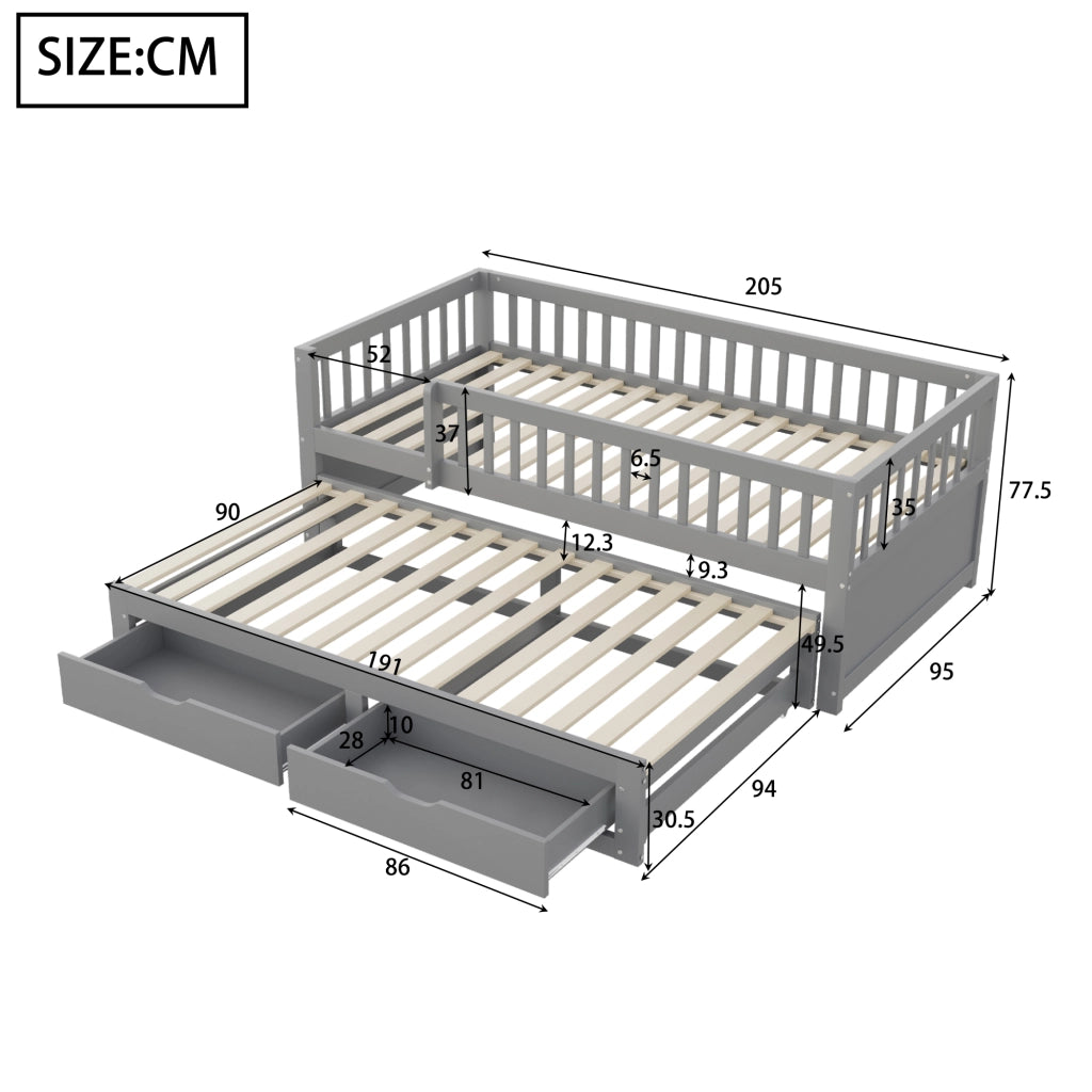 OKWISH Letto a Divano 90×200 cm, Letto Singolo con Letto Estraibile, 2 Cassetti e Sponda di Sicurezza, senza Materasso, in Legno, Grigio
