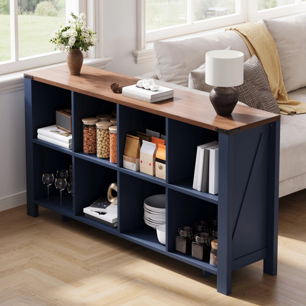 Libreria Orizzontale Blu in MDF a 8 Vani 140x34x75 cm