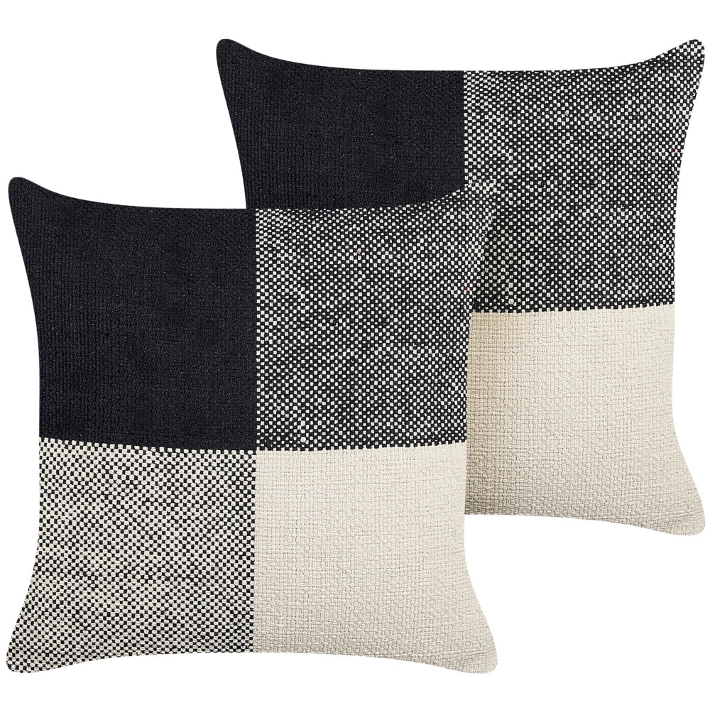 Set di due cuscini decorativi in cotone nero e beige con toppe 45 x 45 cm con imbottitura accessori decorativi soggiorno camera da letto