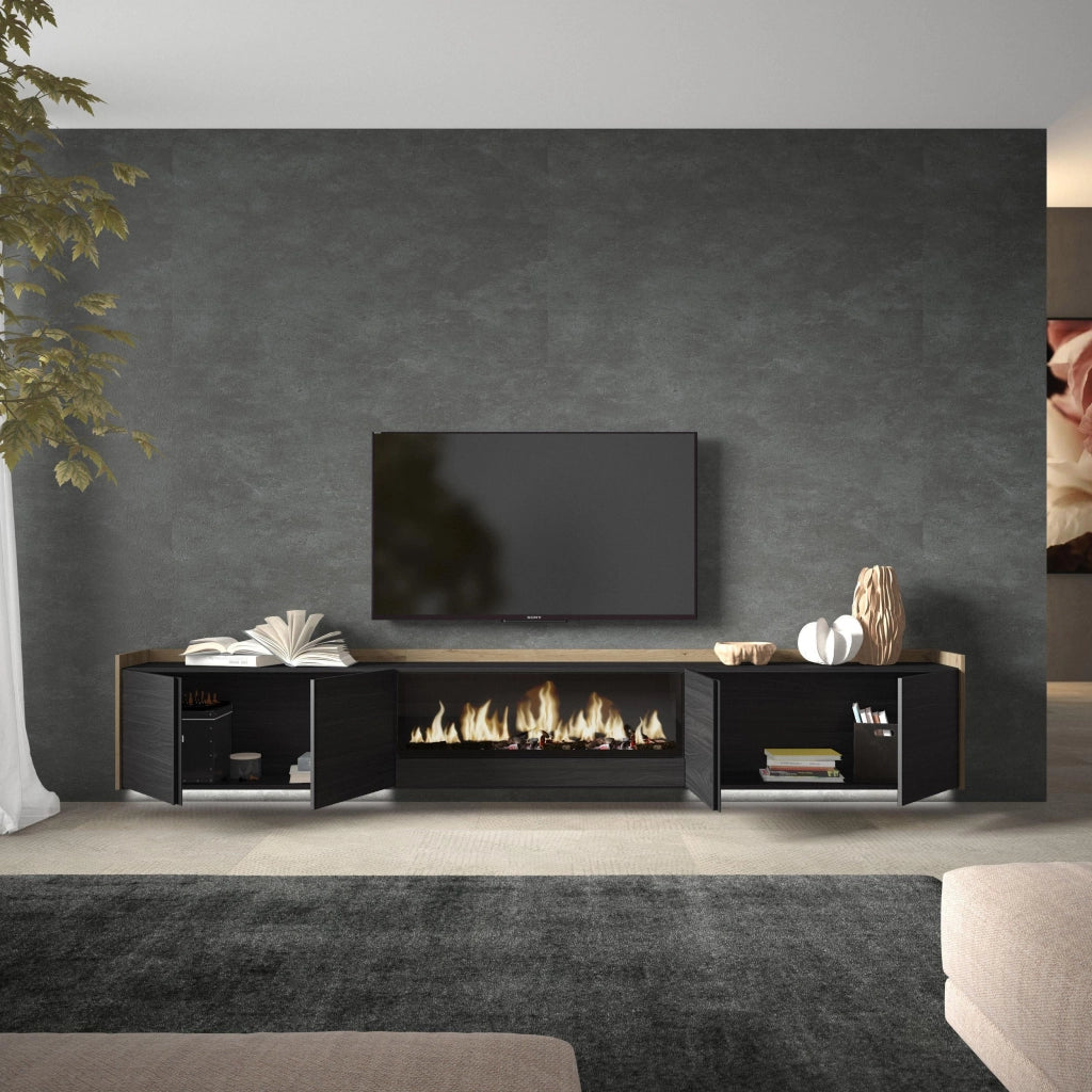 Mobile TV Soggiorno, 315x50x35 cm, Per TV fino a 80", Camino elettrico XXL, Sospeso, da appendere, LED, Nero e rovere