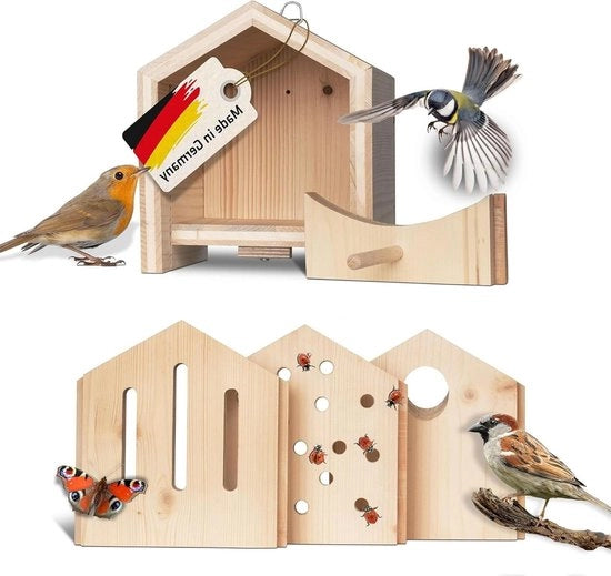 Casa per Animali Multifunzione | Nido per Uccelli Casa per Alimentazione Hotel per Insetti Casa per Farfalle & Rifugio per Scoiattoli | Pannelli Scambiabili | Sostenibile & Ecocompatibile