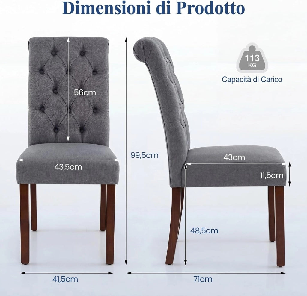 Set di 2 Sedie Imbottite da Cucina, Sedia Sala da Pranzo con Schienale Alto, Cuscino Comodo e Gambe in Legno Massello, Sedia Moderno per Camera da Letto, Salotto, Salone e Ristorante (Grigo)