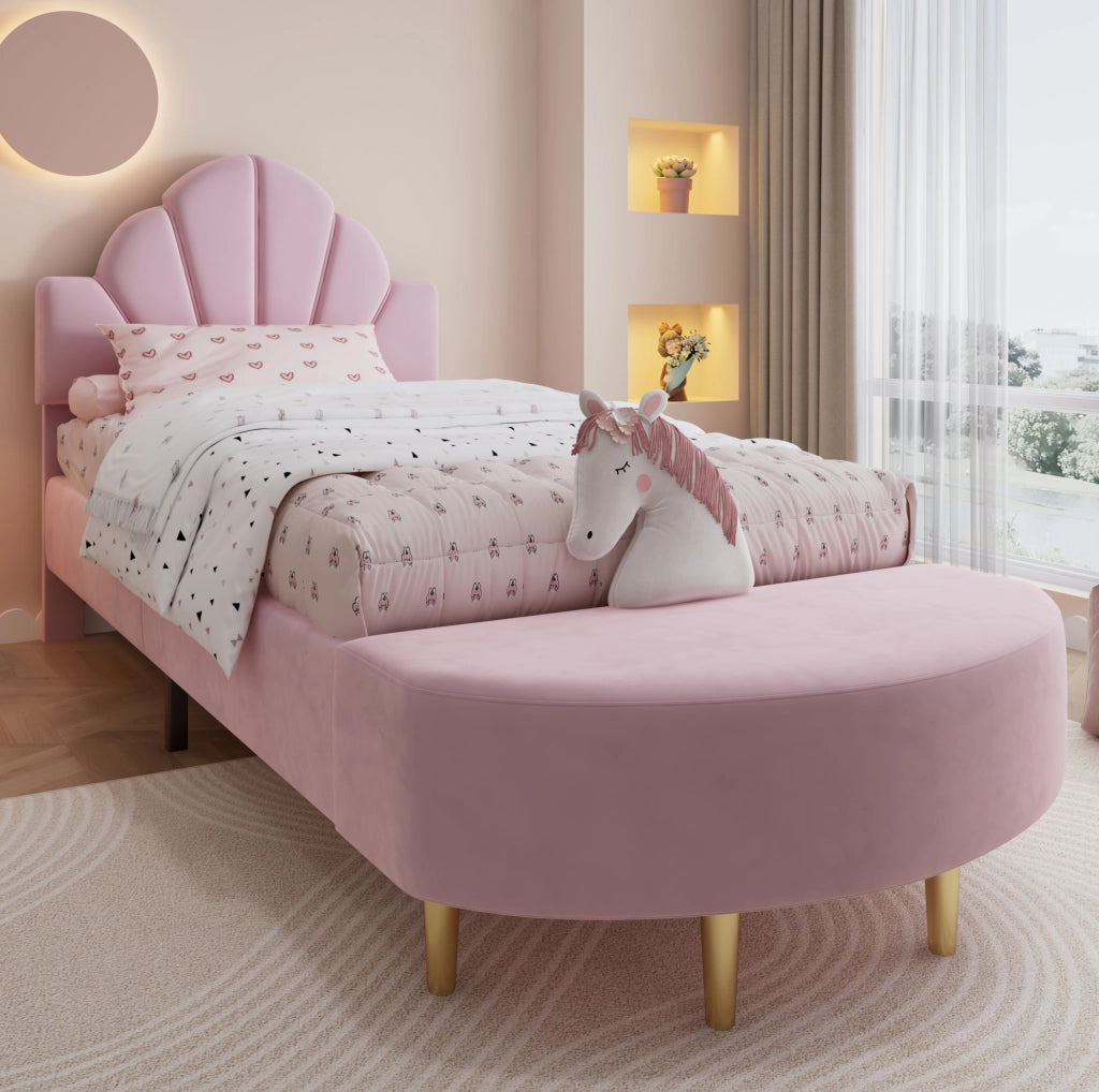 Letto imbottito 90x200 cm con testiera in velluto; panca coordinata e bordi anticolpo rosa