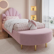 Letto imbottito 90x200 cm con testiera in velluto; panca coordinata e bordi anticolpo rosa