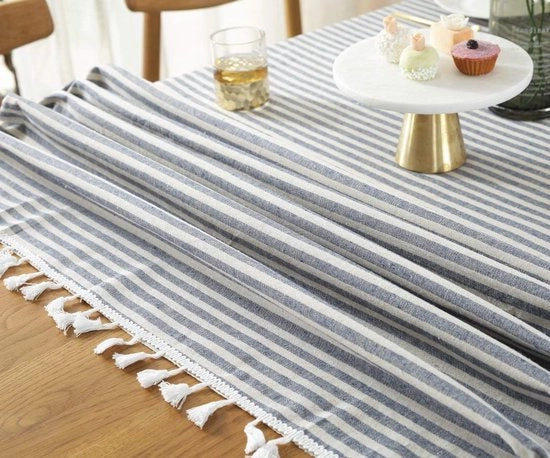 Tavolo da pranzo con tovaglia in cotone, tovaglia da tavolo con aspetto in lino, tovaglia da tavolo lavabile, tovaglia da tavolo boho, tovaglia da tavolo rotonda per tavolo da cucina e tavolo da giardino (blu, rotonda, 150 cm)