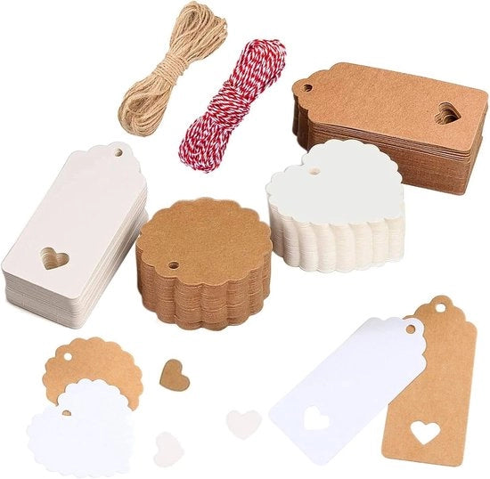 200 etichette di Natale per regali in carta Kraft con 10 metri di filo rosso + 10 metri di corda juta per decorazione di regali