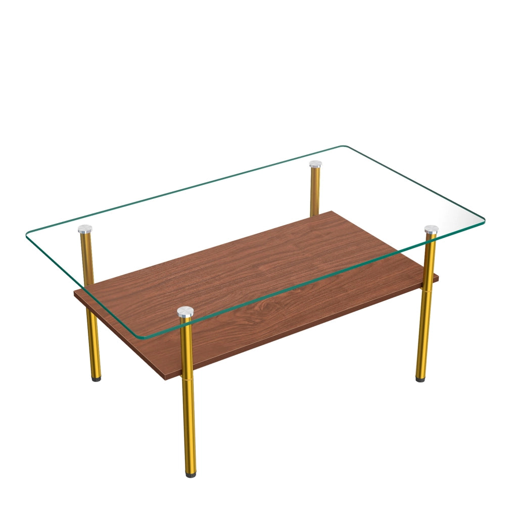 Tavolino da caffè 98x58x45 cm con piano in vetro e ripiano in MDF; struttura in metallo; marrone oro