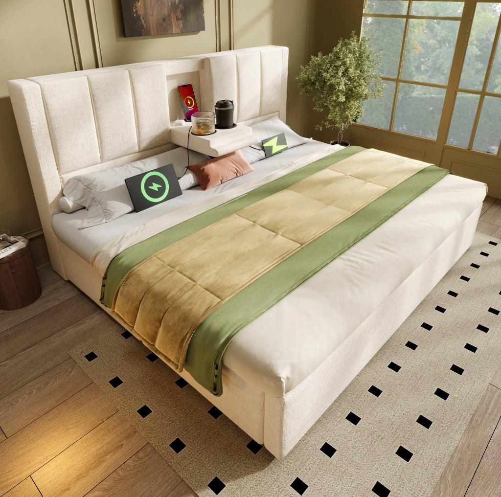 Letto imbottito beige 140x200 cm con vano contenitore, ricarica USB-C e portabicchieri