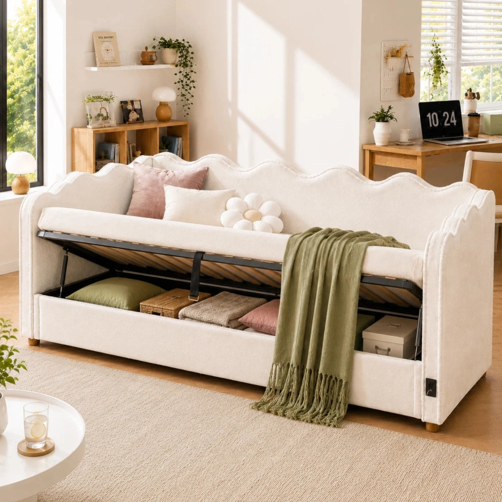 Letto imbottito 90x200 cm con contenitore idraulico, struttura con rete, velluto beige, USB e Type-C
