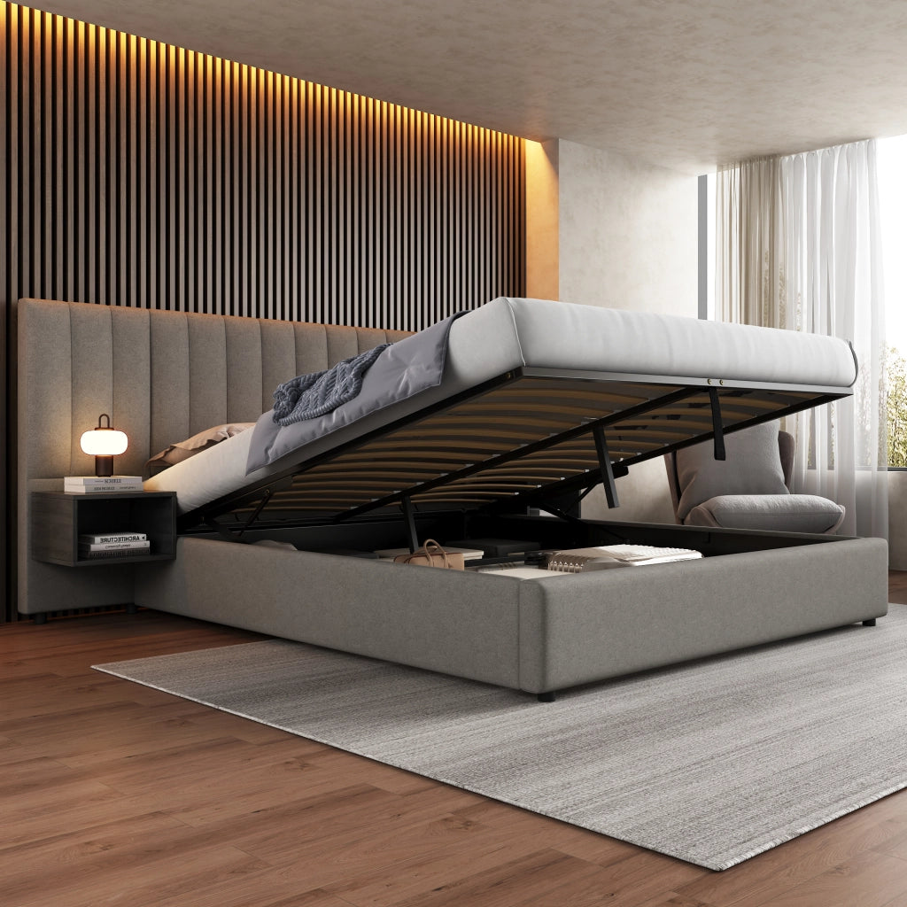 Letto imbottito 180x200 cm con contenitore idraulico e 2 comodini, rete a doghe in legno, lino grigio e nero