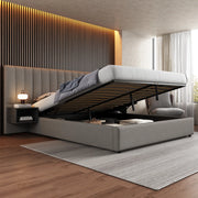 Letto imbottito 180x200 cm con contenitore idraulico e 2 comodini, rete a doghe in legno, lino grigio e nero