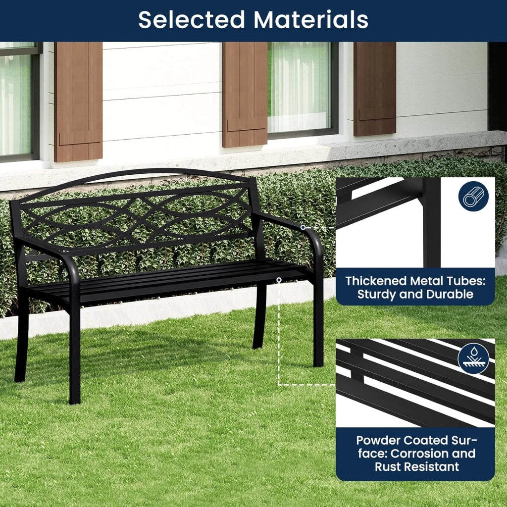 Panchina da Giardino in Metallo, Panchina da Esterno per 2 o 3 Persone, con Schienale e Braccioli, Panca per Patio Parco Terrazzo, 127x59,5x83cm, Nero