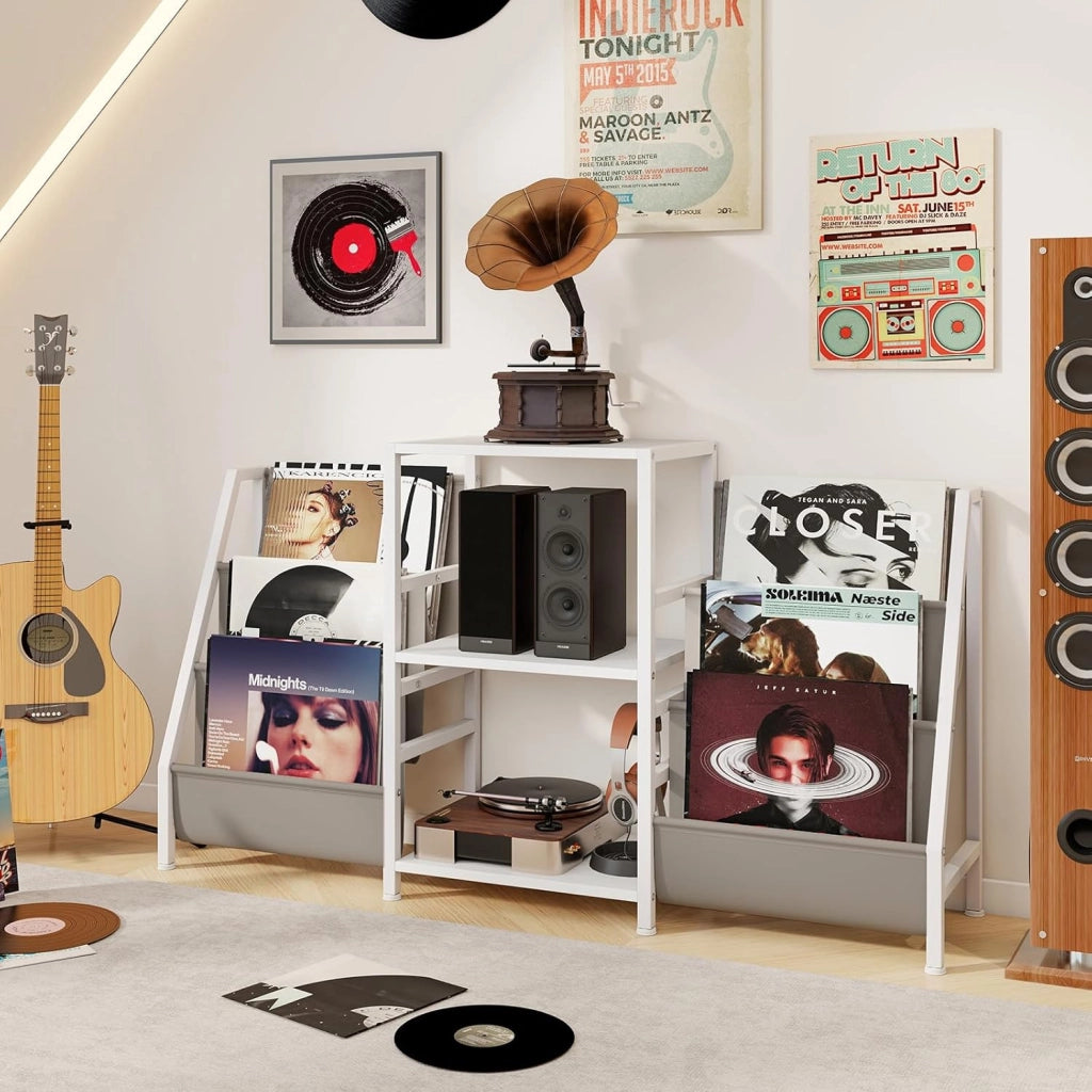 GIANTEX Supporto per giradischi, mobile platino in vinile con 3 ripiani aperti, 6 tasche, per 200 album, telaio in metallo, combinazione flessibile, per soggiorno, studio, camera da letto (nero)