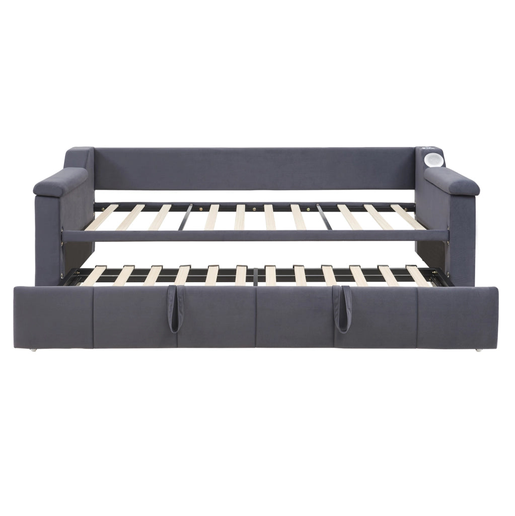 Polsterbett Schlafsofa 90/180x190 cm in Grau mit Bluetooth-Stereo, USB-Ladeanschlüssen und Ablagefächern