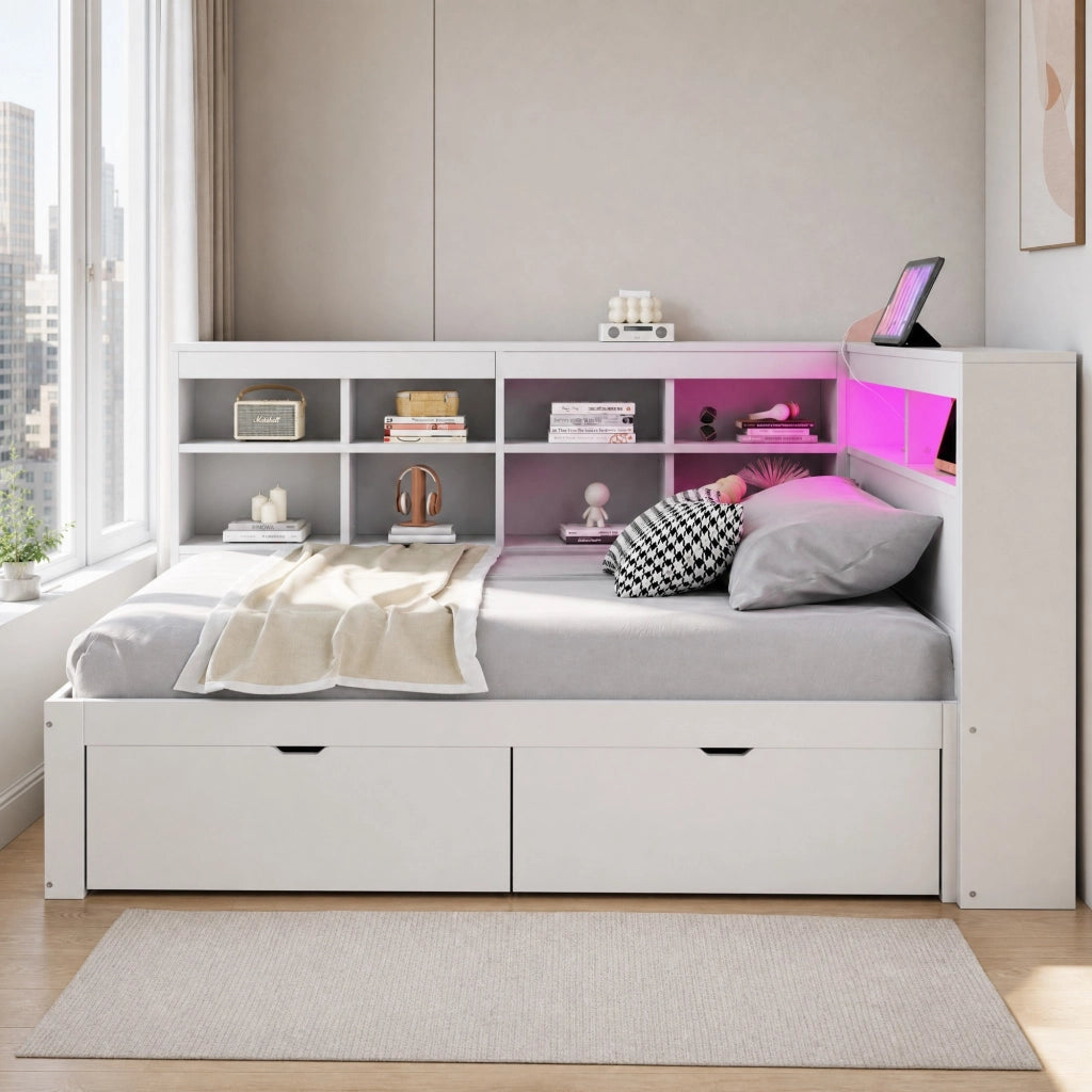 LETTO divano 90x200 cm con cassetti USB LED in legno bianco