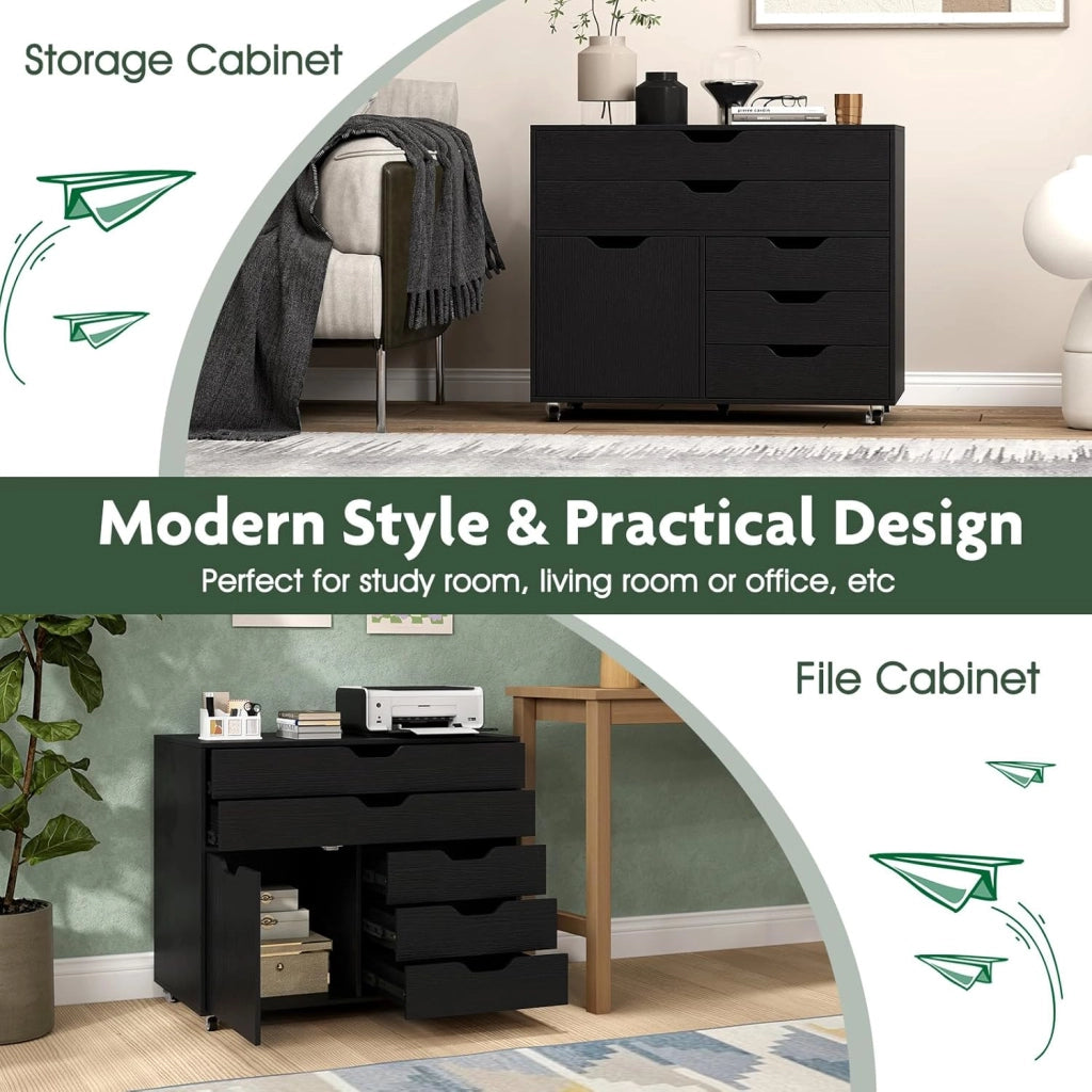 Cassettiera con 5 cassetti e 1 armadietto, armadietto mobile a 5 ruote, cassetto sotto scrivania, 77,5 x 40 x 64 cm (nero)