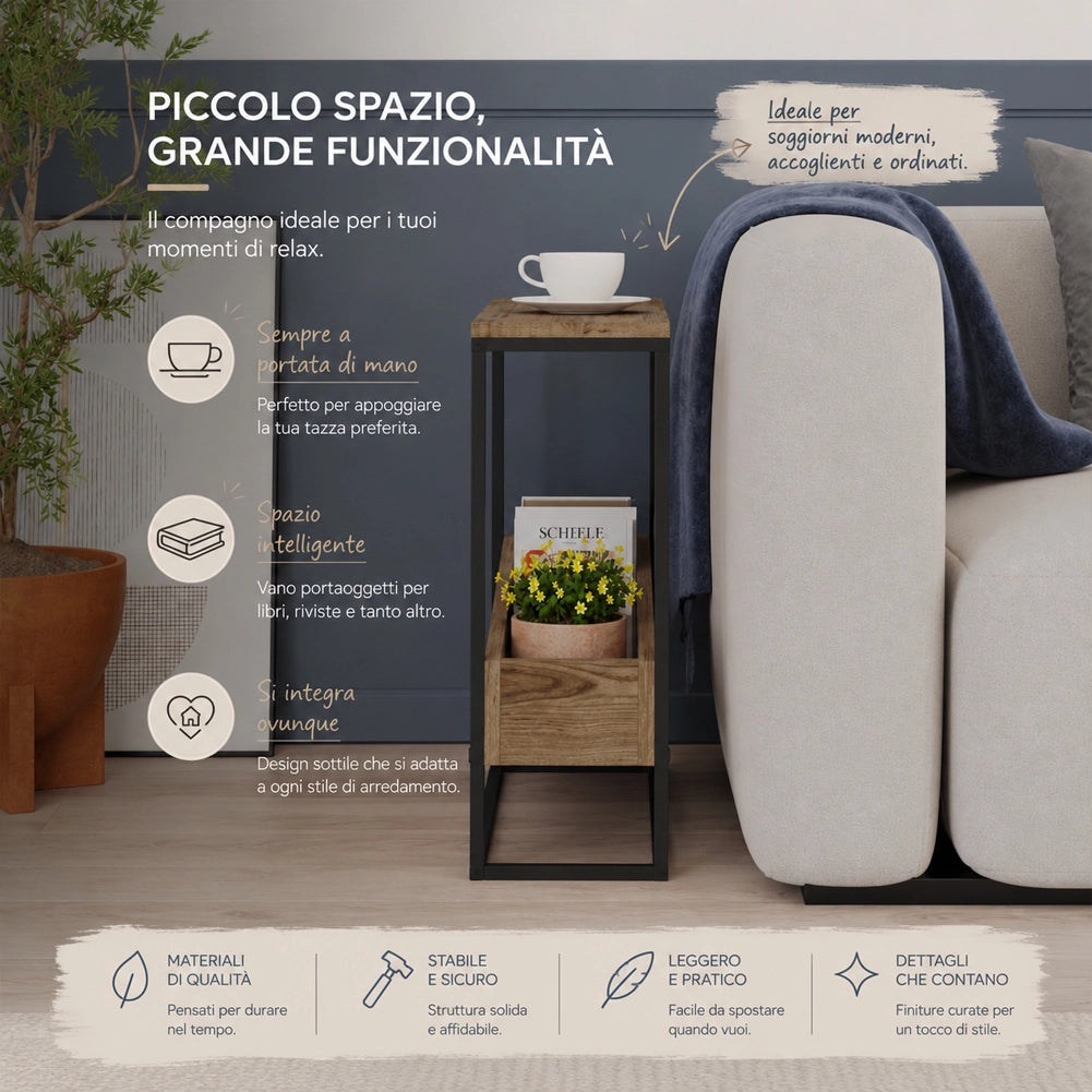 Tavolino Laterale Divano con 2 Ripiani Tavolo Multiuso Nero e Rovere 60x22x62cm