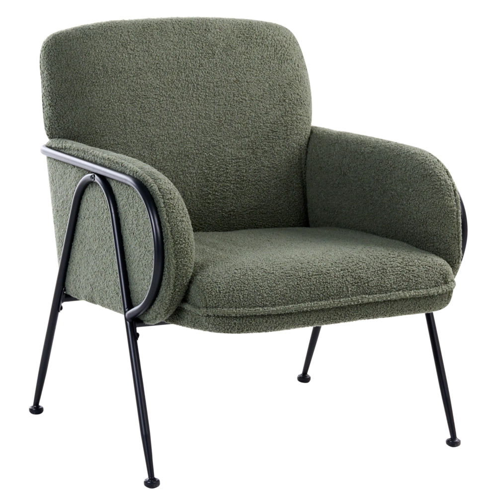 Poltrona verde con rivestimento in bouclé e struttura in metallo stile Century Modern