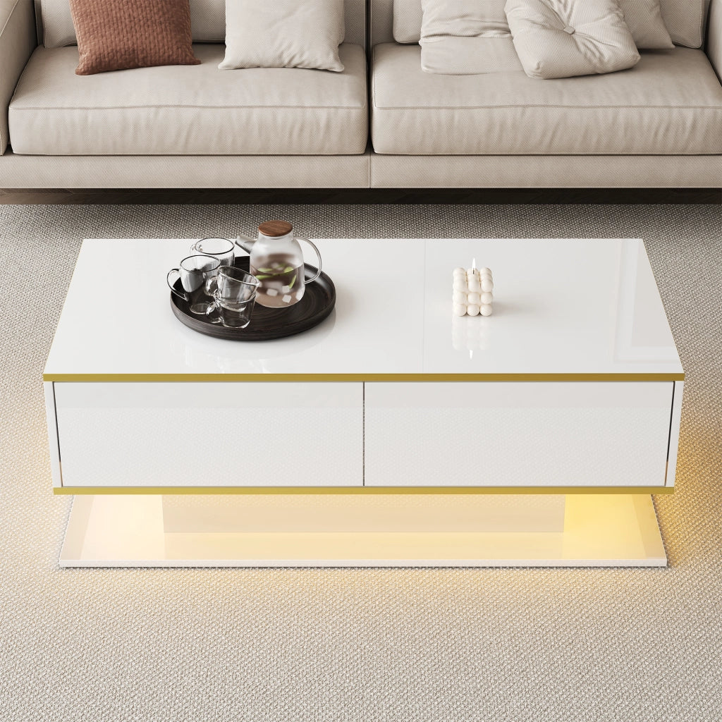Tavolino da Caffè con 3 Cassetti e Vano Aperto e LED; Bianco Lucido; Decoro Oro; 100×50×40 cm; in Pannello Truciolare