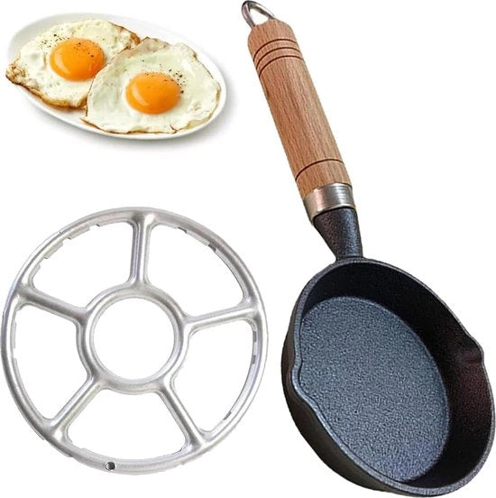 Pentola da piccoli biscotti con maniglia in legno - pentola mini in ghisa portatile - senza rivestimento - forno a gas - per uova prosciutto fette di pancetta