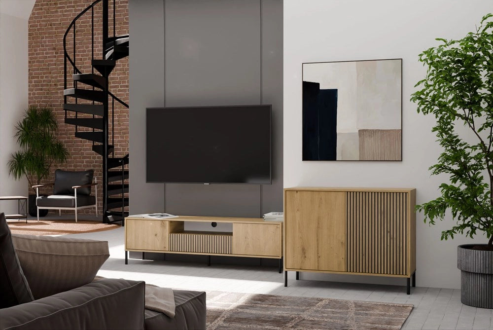 Cassettiera frontale scanalato mobile KAMARO 2d slim / liscio rovere artisan doghe decorative per camera e soggiorno