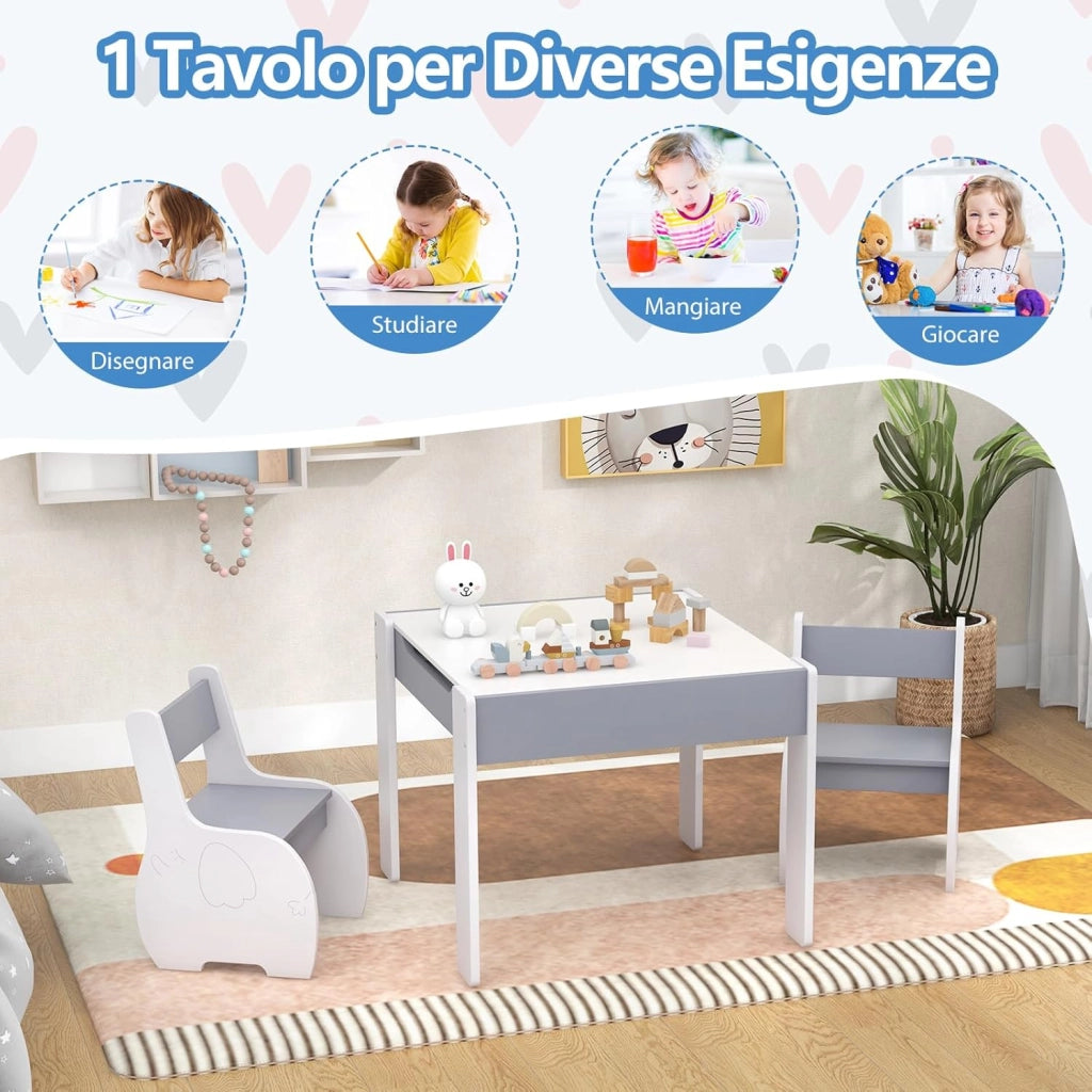 Tavolo e Sedie per Bambini 3 in 1, Tavolino con Lavagna Rimovibile e Archiviazione, per Cameretta (Bianco e Grigio)
