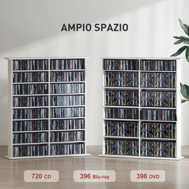 MOBILE LIBRERIA PORTA CD A 16 RIPIANI DAL DESIGN MODERNO IN LEGNO, 106.5X24X126.3 CM, BIANCO