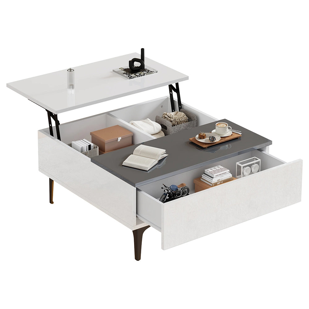 Tavolino-Xylo-70x70x35cm bianco regolabile LED cassetti