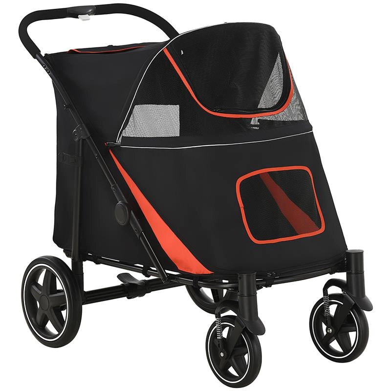 PASSEGGINO PER CANI PIEGHEVOLE CON INGRESSI A CERNIERA E FINESTRE A RETE, 112X65X100 CM, ROSSO E NERO