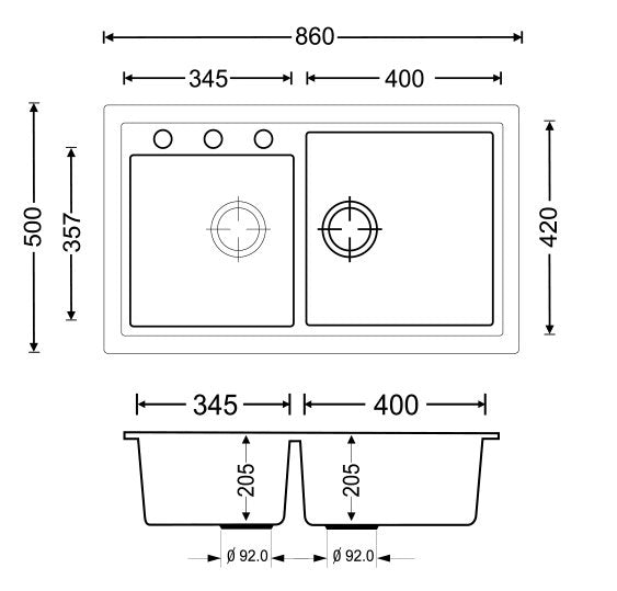 Lavello 86 cm da incasso in sintetico effetto granito due vasche - Bianco