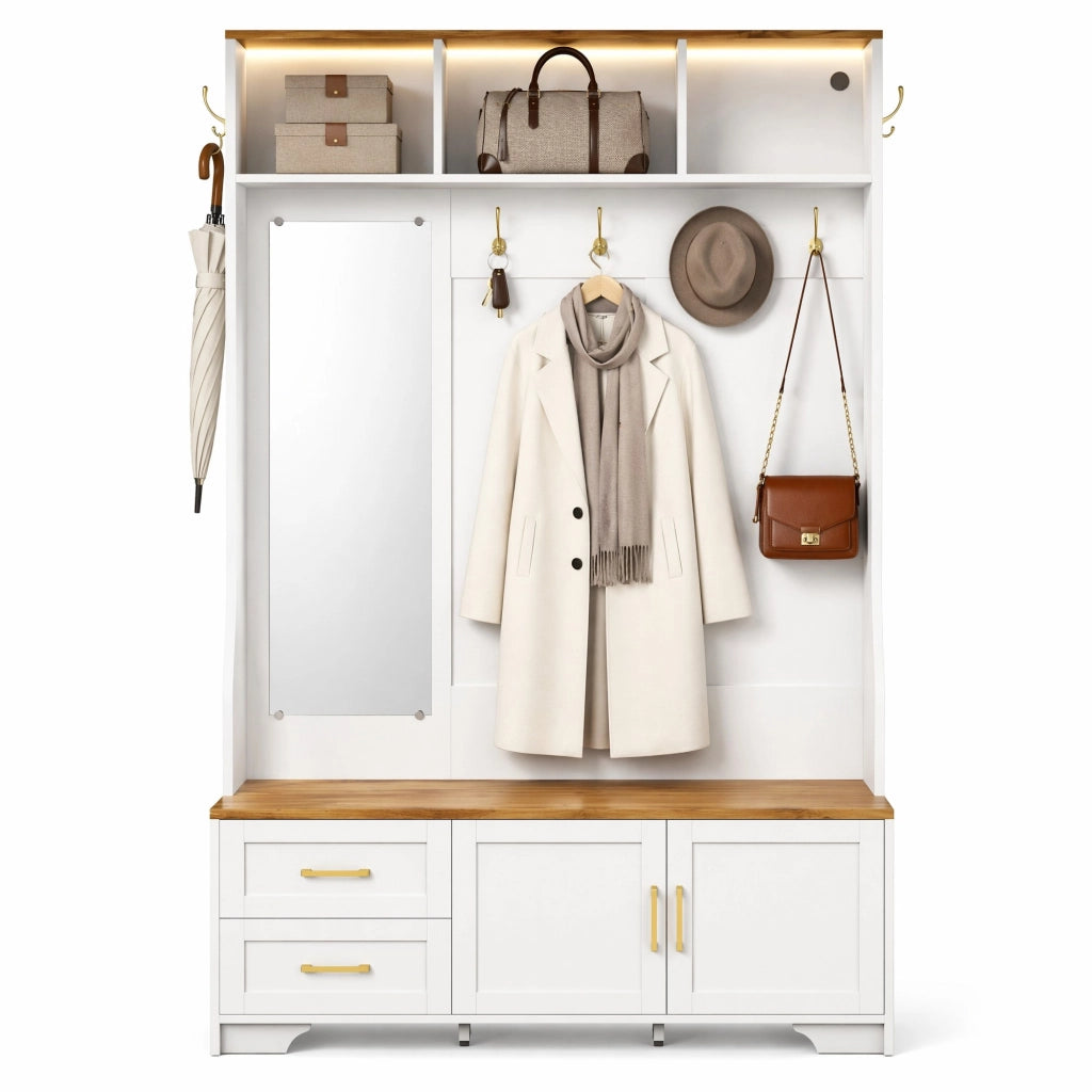 Mobile guardaroba con LED; specchio e panca 120x40x187 cm in MDF bianco e legno