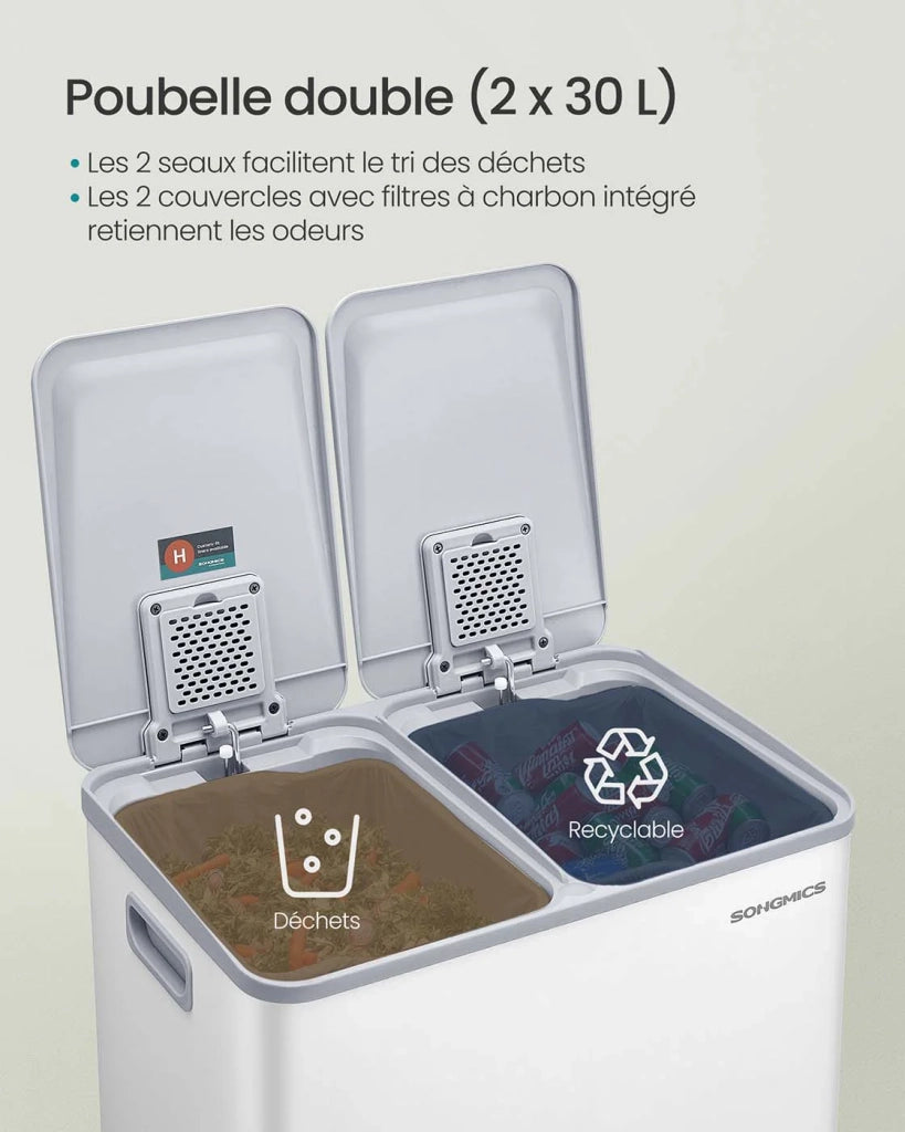 Pattumiera da cucina 2 x 30 litri 2 scomparti pattumiera a pedale con coperchio a chiusura ammortizzata secchi interni in acciaio 15 sacchi bianchi 12_0007971