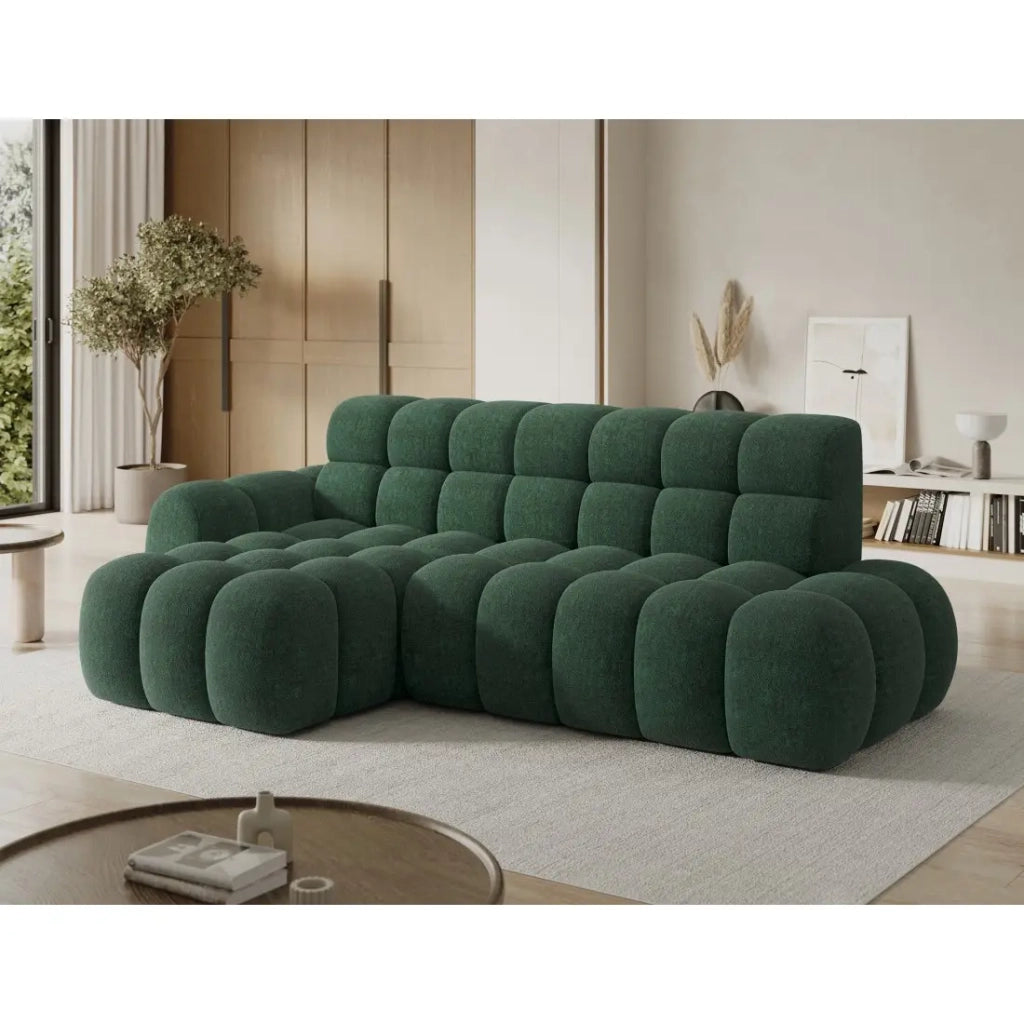 Divano angolare trasformabile BULLA 3 posti verde smeraldo angolo sinistro - tessuto bouclé con estensione della seduta elettrica