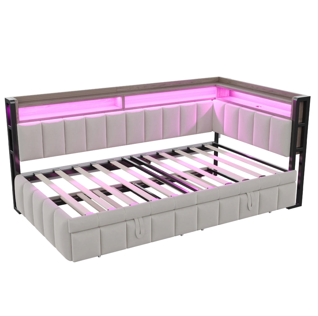 Divano letto estraibile 90x200 cm in velluto grigio chiaro con LED e USB-C