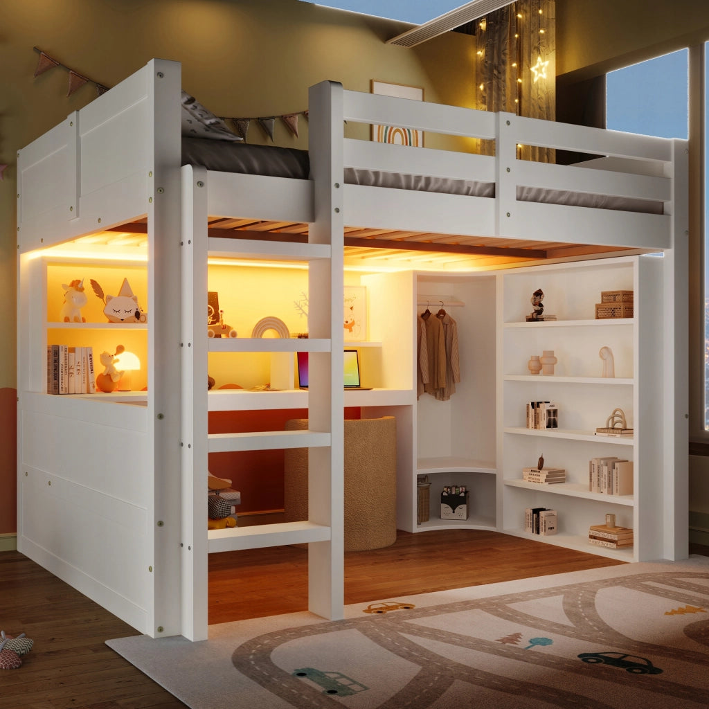 Letto a castello 140x200 - Xylo - Bianco con LED, scrivania, armadio