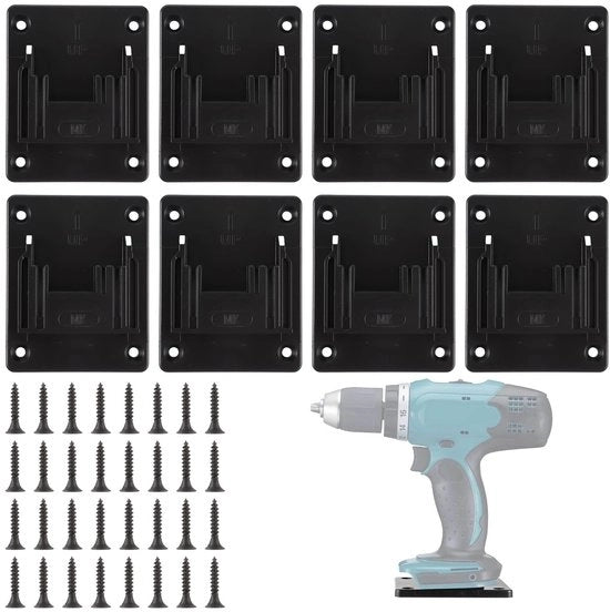 Supporto per attrezzi da parete - Porta batterie - Per attrezzi da foro - Nero - Supporto per attrezzi da lavoro - 8 pezzi - Batterie ricaricabili - Supporto per attrezzi da parete - Per magazzino di officina