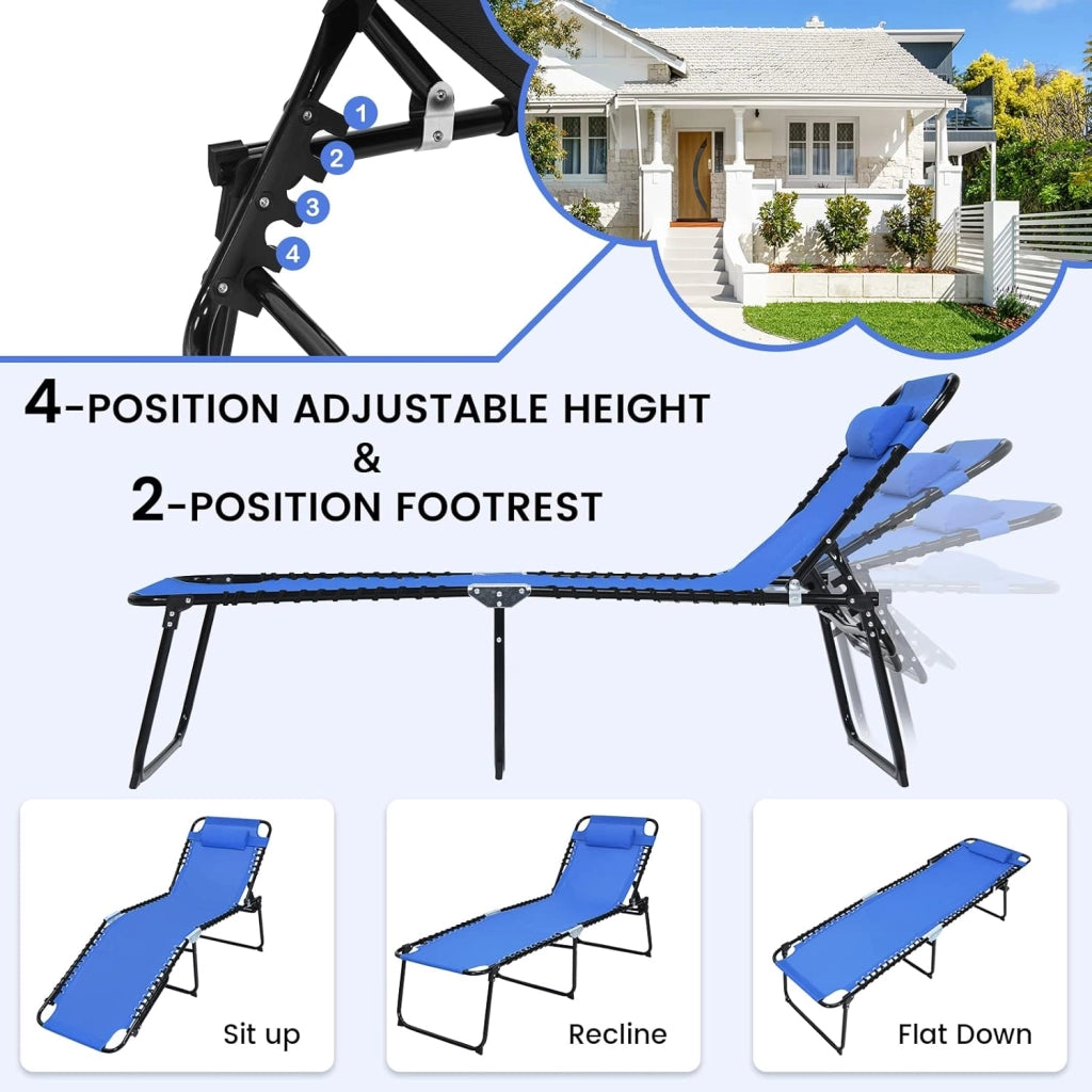 Sedia a Sdraio Pieghevole da Giardino, da Campeggio, Schienale Regolabile, con Poggiatesta, Portata Fino a 120 kg, 3 Colori (Blu)