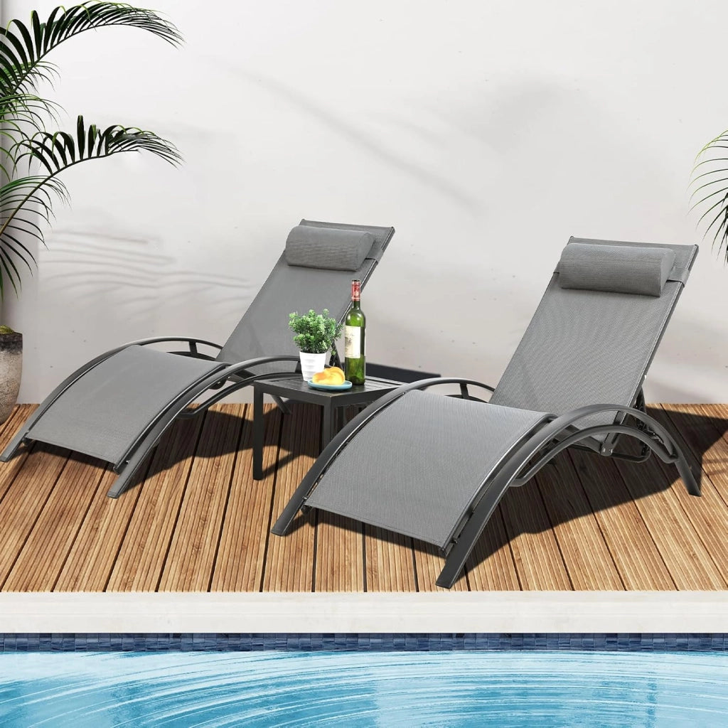 Set 2 Lettino da Giardino Alluminio, Lettino Prendisole, con Tavolo e Cuscino Poggiatesta, Resistente alle Intemperie, Regolabile Sdraio da Giardino, Spiaggia, Piscine, balcone, Grigio, 2 PCS