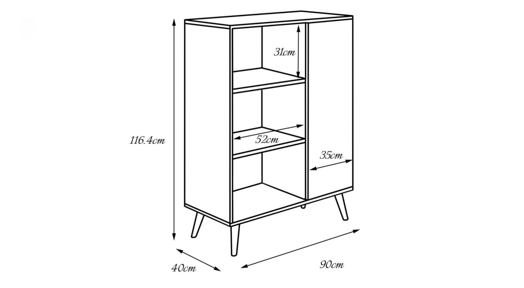 Credenza a 1 anta e 2 Dvicin, Buffet con piedini, Madia da soggiorno in stile scandi, Libreria con scaffali, cm 40x90h116, colore Bianco