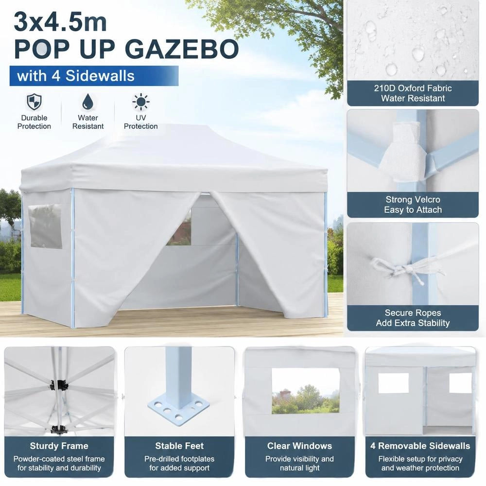 Foldable Party Tent With 4 Side Panels, 3x4.5 M, White