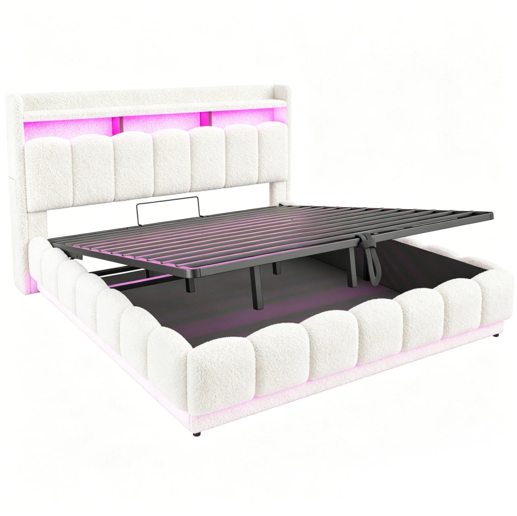 Letto imbottito 224x190x112 cm con LED; USB e contenitore in bouclé e metallo bianco