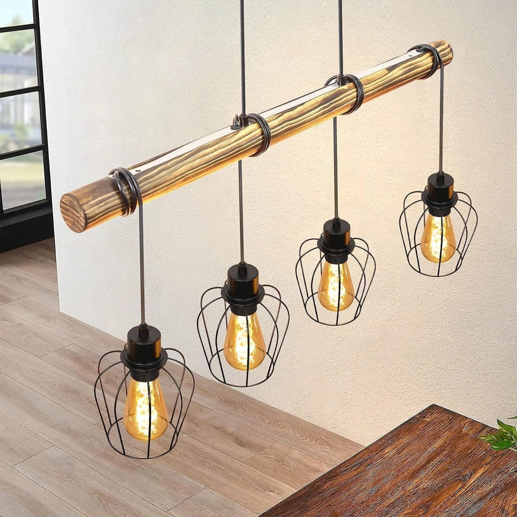 Lampada a sospensione ZMH retr¨° vintage 4 luci in legno design industriale regolabile