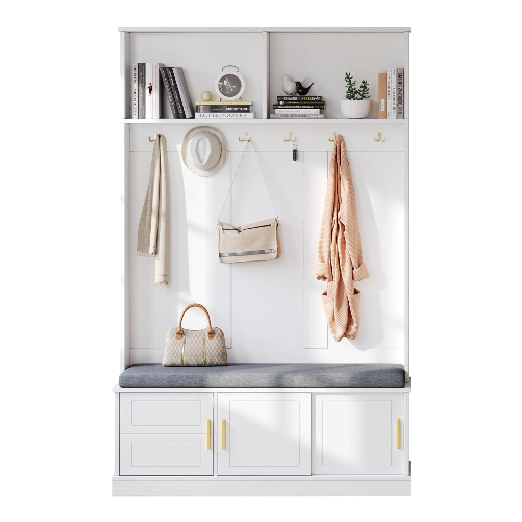 OKWISH Mobile da Ingresso con 6 Ganci, Panca Portascarpe e Ripiano Aperto, per Ingresso, Bianco, 120 x 40 x 191 cm
