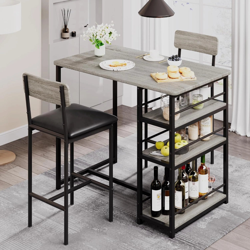 Set da pranzo a 3 pezzi per 2 persone: tavolo alto con 3 ripiani + 2 sedie imbottite - stile rustico - grigio