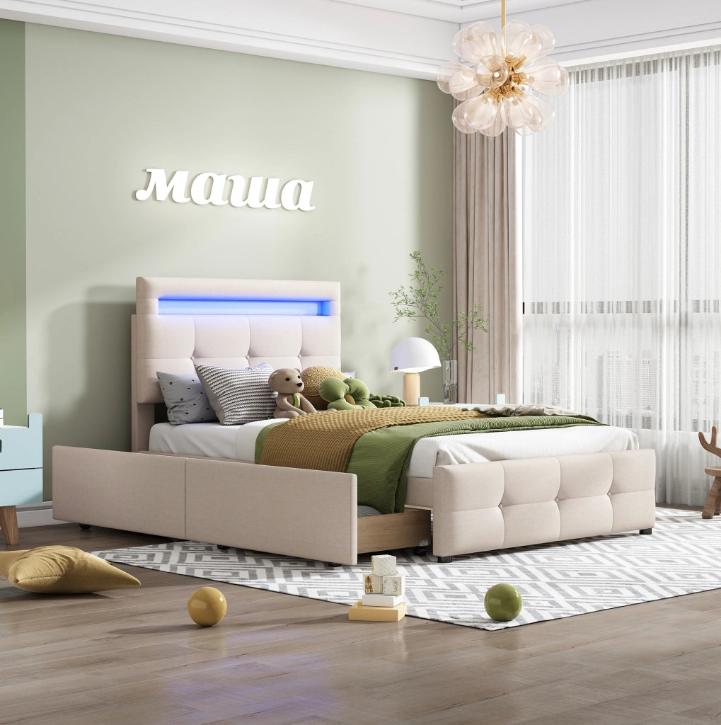 Letto imbottito 90x200 cm con LED; 2 cassetti; testiera regolabile; beige
